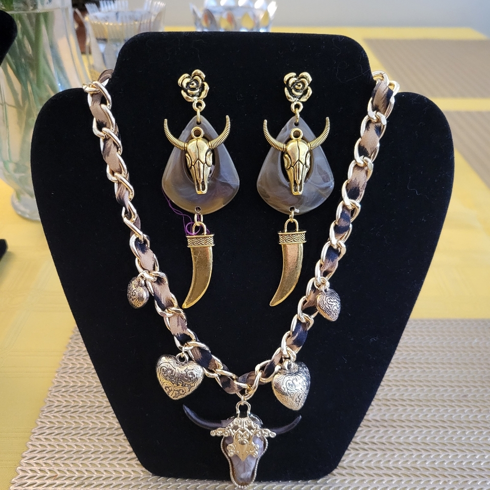Gold and Brown Bull Pendant Necklace and Earring Set